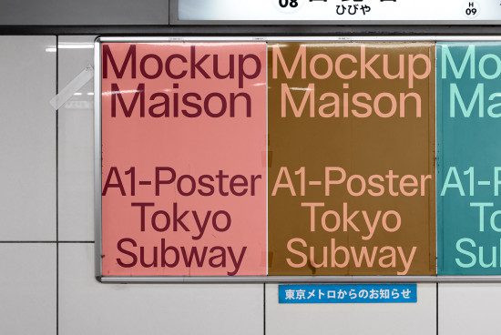 Mockup of three A1 size posters displayed in Tokyo subway station with minimalist design, suitable for advertising presentations.
