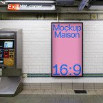Urban subway poster mockup scene in a station with metrocard vending machine, tiled wall, and exit signage, perfect for advertising designs display.