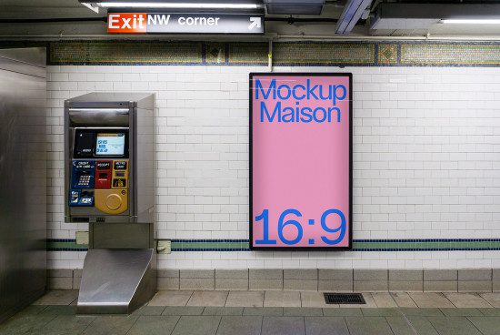 Urban subway poster mockup scene in a station with metrocard vending machine, tiled wall, and exit signage, perfect for advertising designs display.