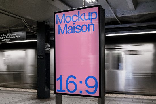 Subway billboard mockup in station with moving train, urban advertising template for designers, realistic display, editable graphic design tool.