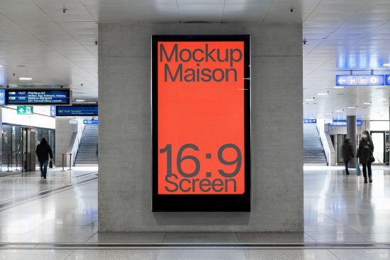 Digital billboard mockup in subway station environment, ideal for presenting ads or designs to clients, includes people, modern, clean setting.