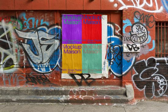 Urban street poster mockup on a colorful graffiti wall for design presentations, suitable for graphic, mockup, and advertising templates.