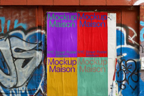 Urban street poster mockup on a textured wall with graffiti, showcasing colorful typography design, ideal for graphics and templates.