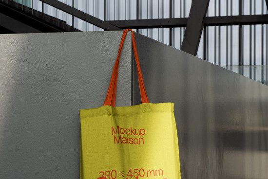 Tote bag mockup hanging on a wall in natural lighting, showcasing size dimensions, ideal for graphic design presentations and product mockups.