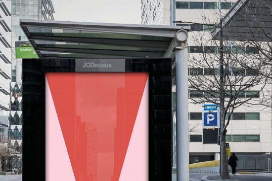 Urban billboard mockup with red and white design, clear view for advertising, surrounded by cityscape, suitable for designers.