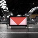 Modern billboard mockup in a train station setting for advertising design presentation, with a dynamic architectural backdrop.