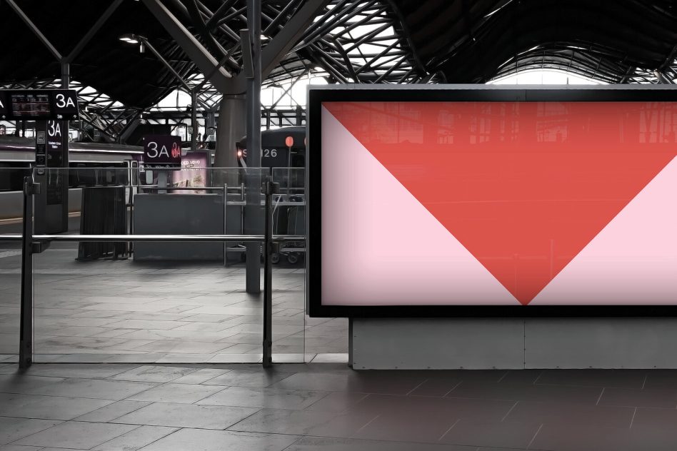Large format display screen at train station platform with geometric red shape