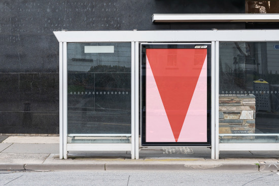 Urban bus stop poster mockup with red geometric design, clear showcase for advertising in a realistic street setting, ideal for designers.