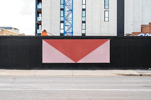 Urban billboard mockup on construction site fence for advertising design presentation, clear space for graphic designers templates.