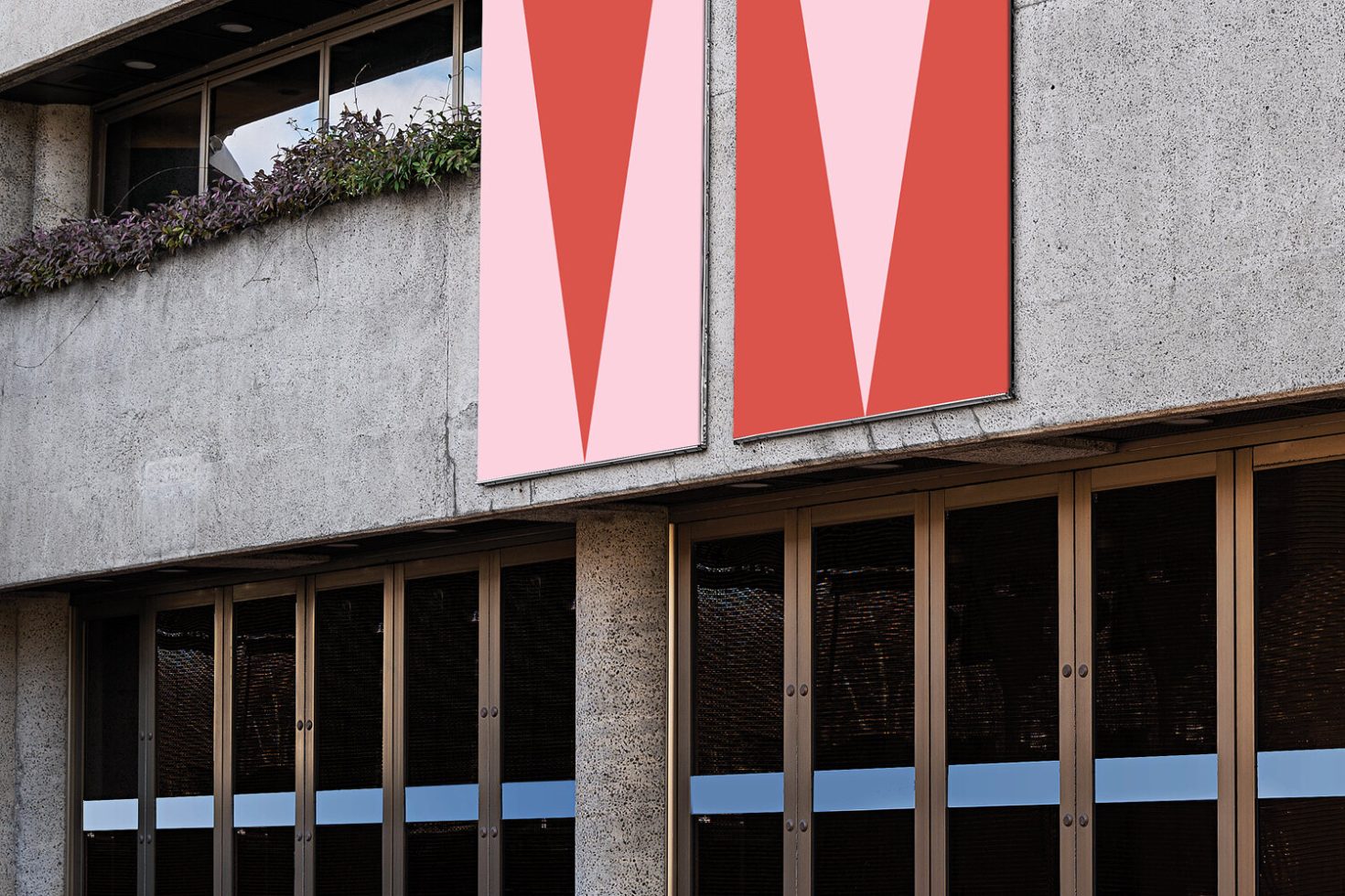 Urban billboard mockup on concrete building exterior with red and white posters, realistic textures, suitable for advertisement display designs.