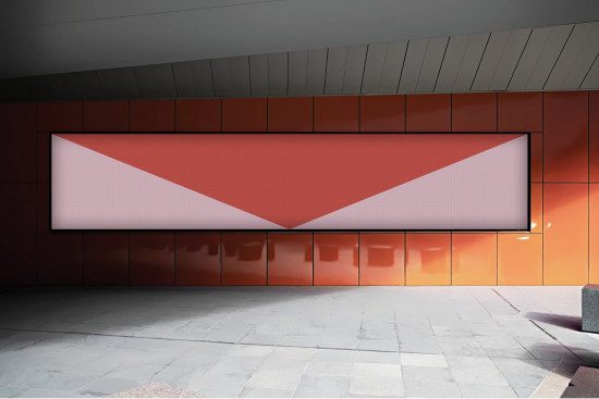 Billboard mockup on red building facade for outdoor advertising design presentation, modern architecture, urban setting, clear space for branding.