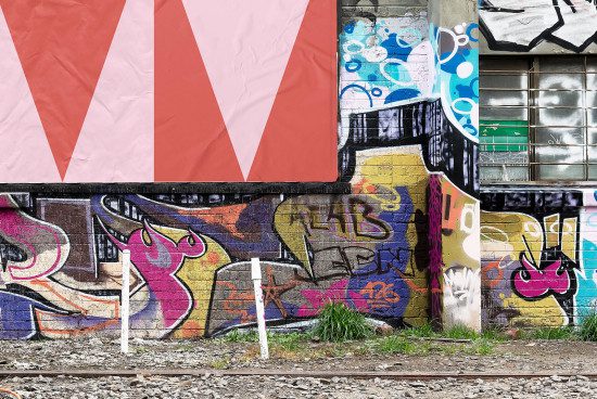 Urban graffiti art on wall with vibrant colors for graphics category, suitable for design inspiration and texture backgrounds.