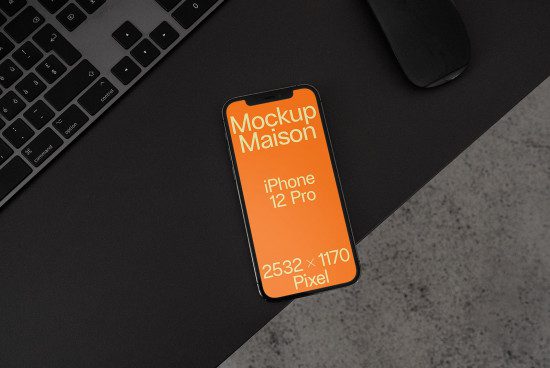 Modern iPhone 12 Pro mockup on desk next to keyboard and mouse, ideal for app design presentation, high resolution, designer asset.