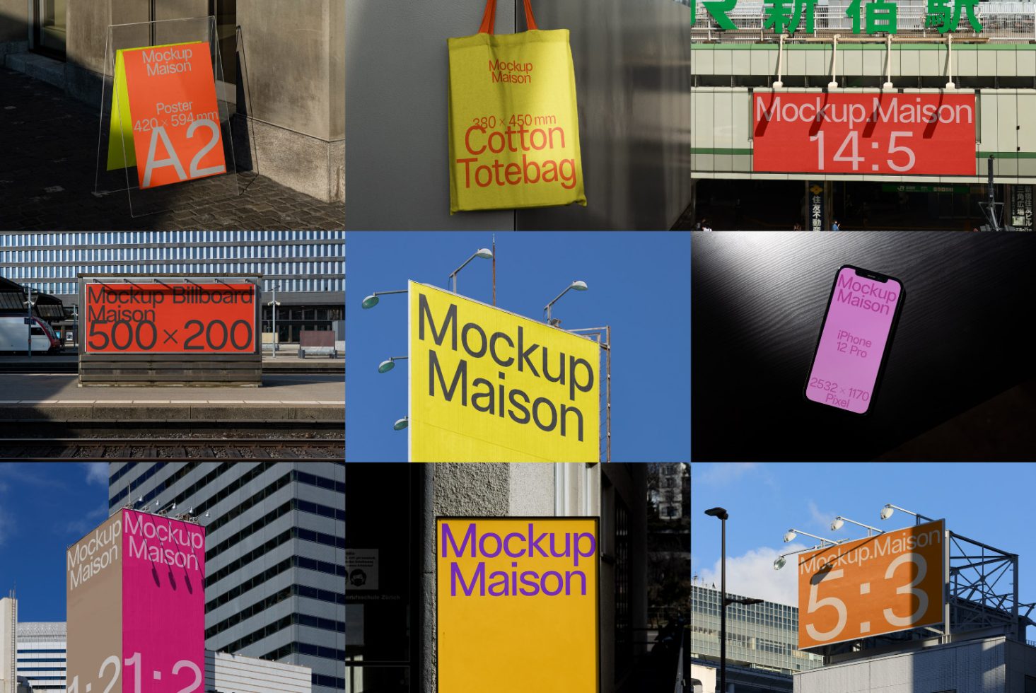 Collection of mockup designs for posters, billboards, totes, and mobiles in urban outdoor settings, ideal for ads and marketing designs.