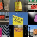 Collection of mockup designs for posters, billboards, totes, and mobiles in urban outdoor settings, ideal for ads and marketing designs.