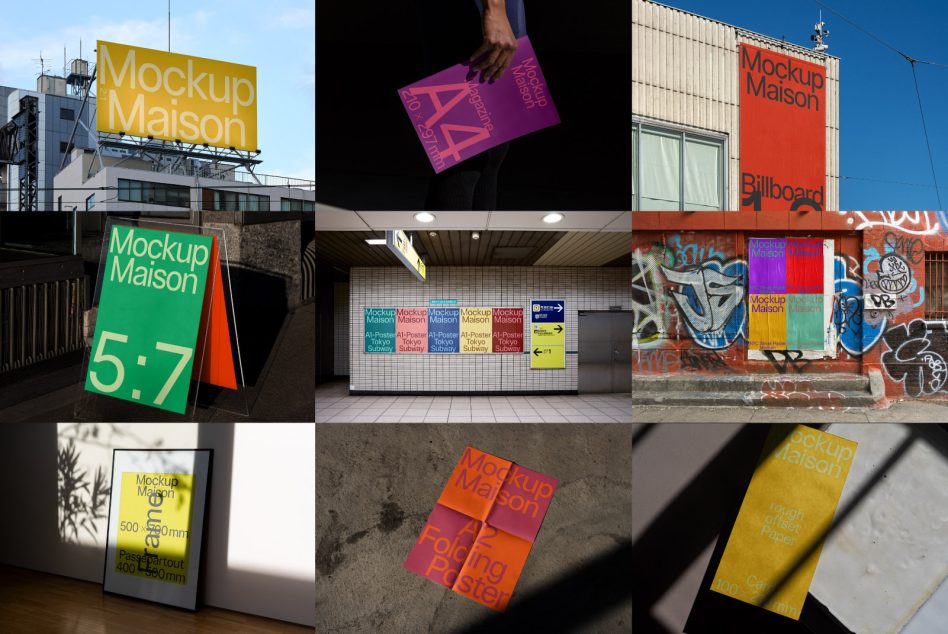Bright branded collateral mockups including billboards, flyers, bags shown in real world locations