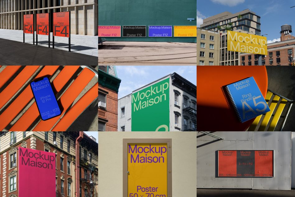 Colorful poster, phone, notebook mockups displayed on buildings, streets, outdoor urban environments