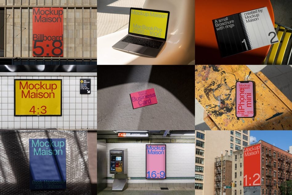 Mockup pack featuring billboard, MacBook, brochure, business card, phone on textured surfaces