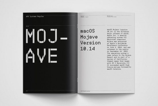 Elegant font showcase in magazine mockup displaying macOS Mojave heading, suitable for font designers and print template creators.