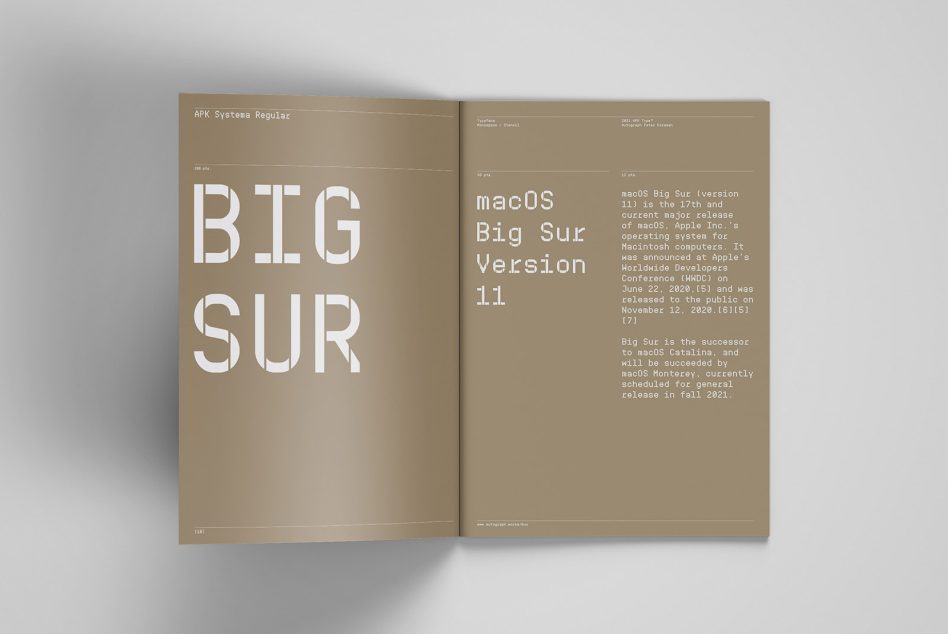 Open magazine mockup featuring a modern font design with the text "BIG SUR Version 11" on a beige background, ideal for font presentations and templates.