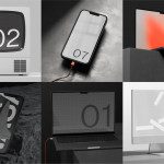 Collage of minimalist tech mockups featuring devices with bold numerals, ideal for showcasing app designs, suitable for digital asset marketplace.