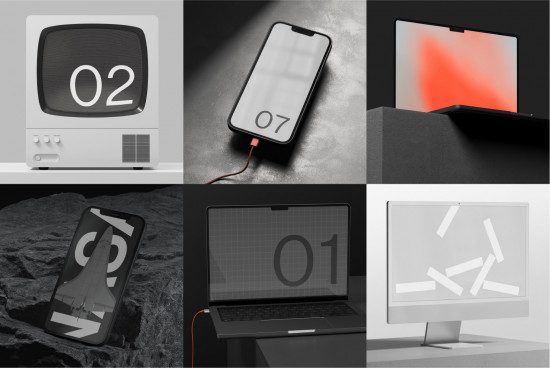 Collage of minimalist tech mockups featuring devices with bold numerals, ideal for showcasing app designs, suitable for digital asset marketplace.