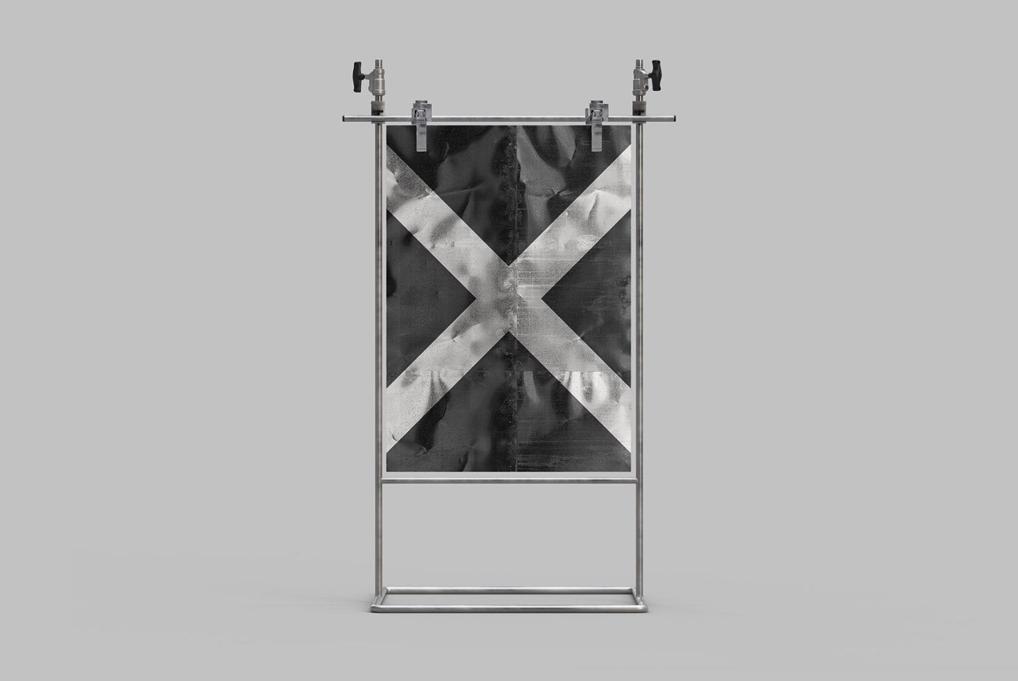 Modern banner stand mockup with black and white abstract graphics, suited for designers showcasing advertising, print design, and branding.