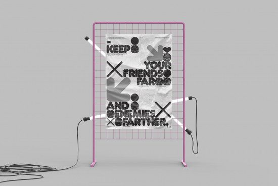 Modern poster mockup on pink metal grid stand with typographic design, ideal for online portfolio showcasing and design presentations.