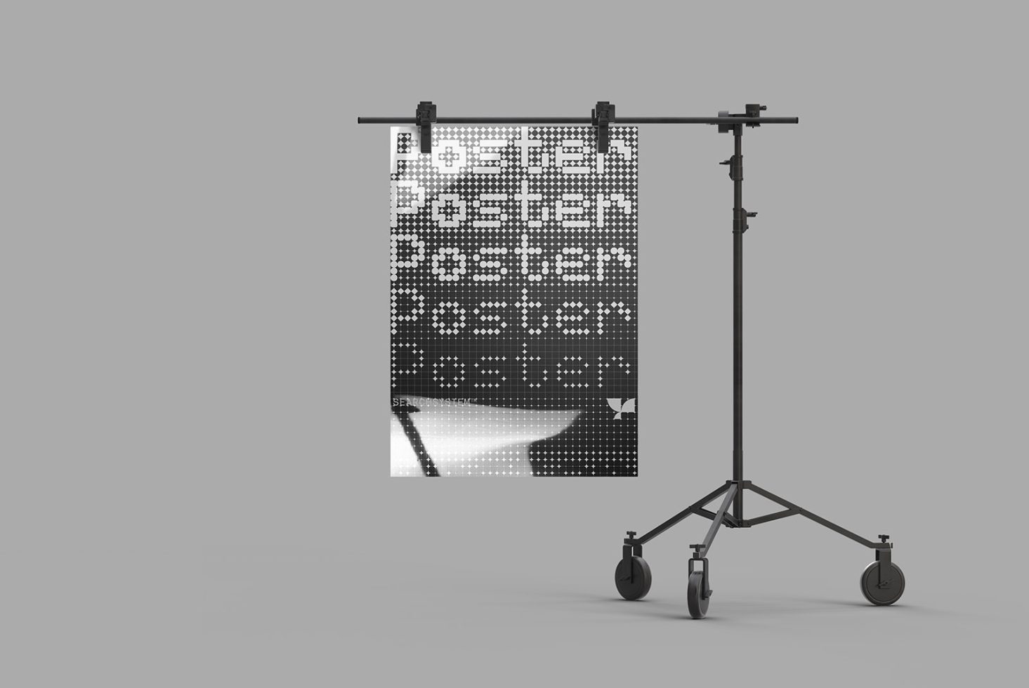 Professional banner mockup display with adjustable stand and monochrome design poster for presentations and advertising designs.