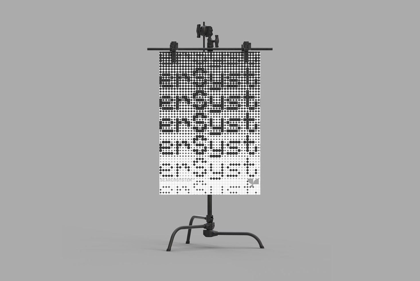 Modern abstract black and white pixelated banner design mockup on standing easel for presentation and portfolio display.