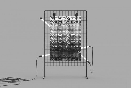 Modern black grid poster mockup with stage lights on a simple background, ideal for presenting concert or event graphics designs.