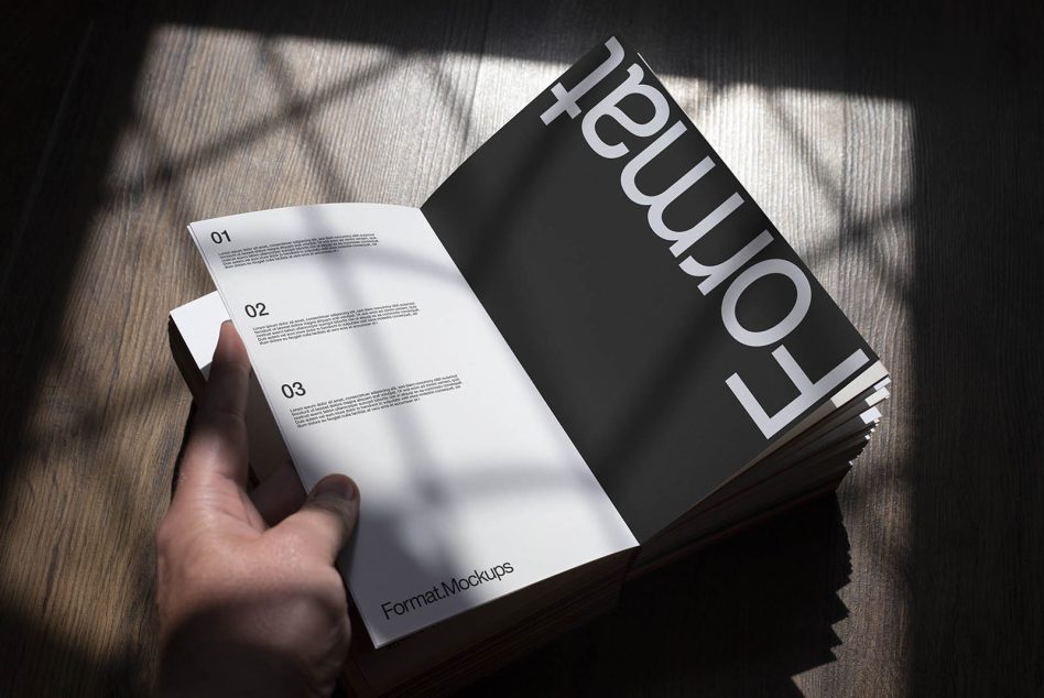 Elegant magazine mockup with natural shadows, interactive design presentation, print mockup for designers, realistic textures, creative layout.