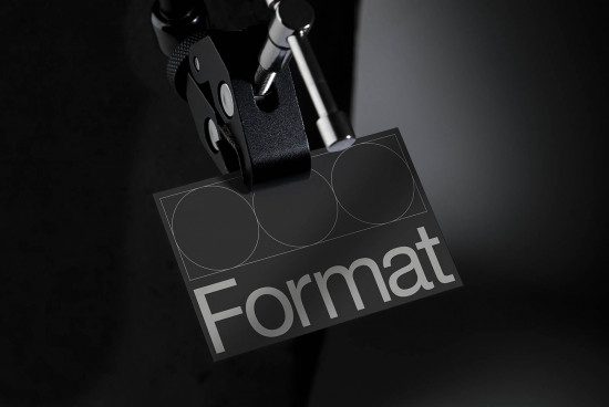 Elegant business card mockup with metallic clip holder, dark background, showcasing modern typography design for graphic designers.