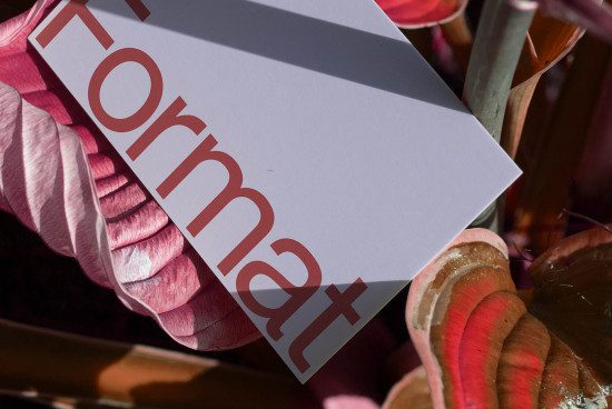 Business card mockup with elegant typography resting on vivid pink leaves, ideal for showcasing design work and branding presentations.
