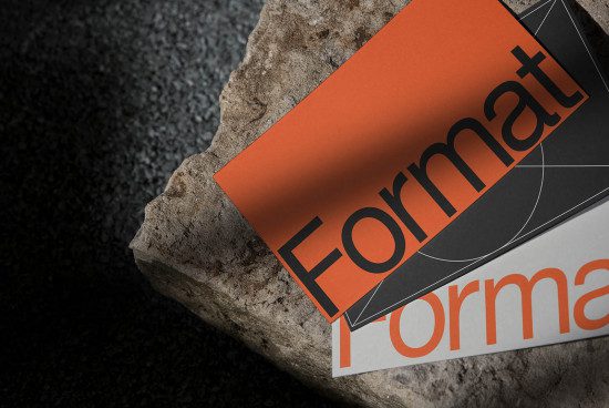 Bold orange and black graphic design magazine cover mockup on a textured stone surface, showcasing modern typography fonts.