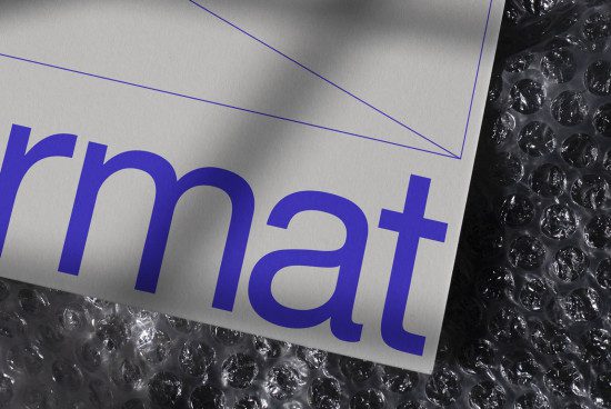 Close-up of a bold blue font design on paper lying over bubble wrap, highlighting typography, texture contrast, suitable for graphic design mockups.