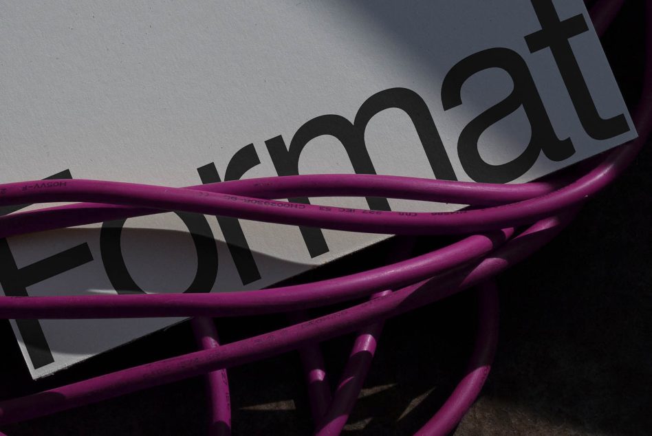 White card with bold sans serif text wrapped in vibrant magenta cables close up
