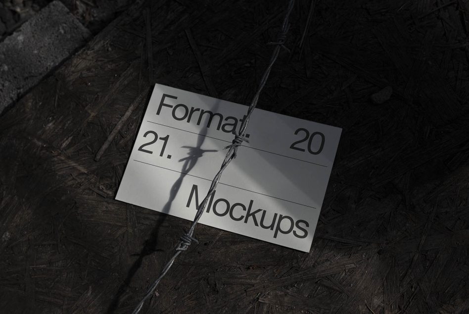 Format mockup card secured with cord on textured dark wooden surface
