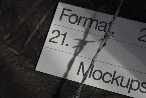 Barbed wire shadow over paper with text Mockups, suggesting security theme mockup templates for designers, on textured wood surface.