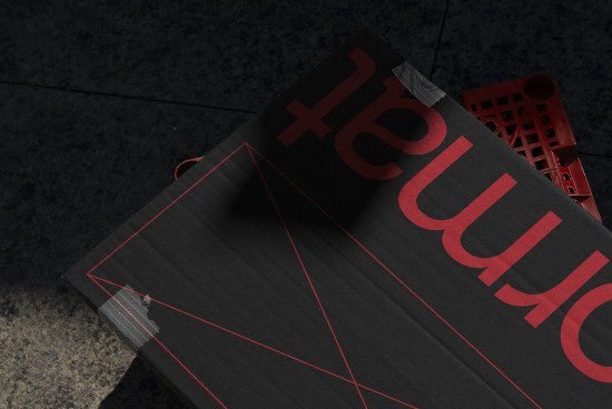Close-up of elegant black shopping bag mockup with red typography design, lying on textured ground for marketing design presentation.