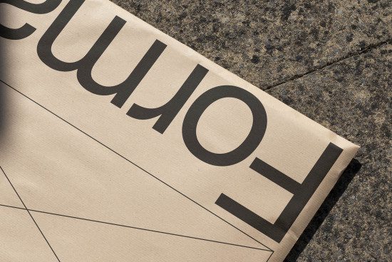 Printed paper with bold typography laying on textured ground, close-up view of mockup design for presentation.