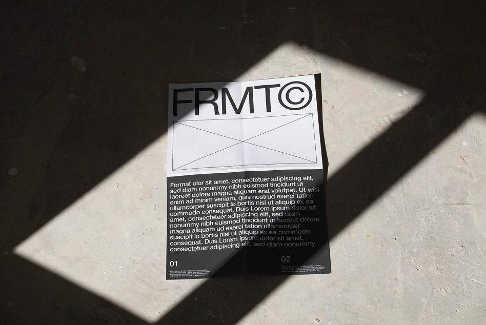 Dark folded paper with logo, geometric line illustration, body copy on lower half