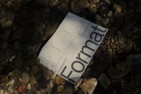 Print mockup of a magazine cover with geometrical design layout, partially submerged in water over pebbles, for design presentation.