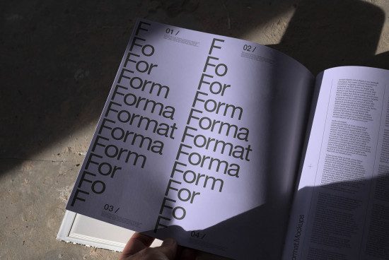 Open magazine showcasing progressive font design, ideal for graphics category, featuring various font sizes and style demonstrations.