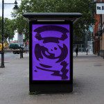 Urban bus stop billboard mockup with purple abstract graphic design, showcasing outdoor advertising in a realistic street setting for designers.