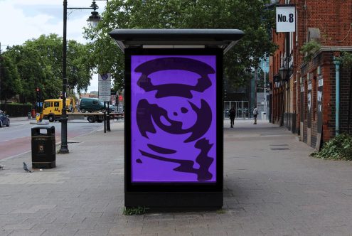 Urban bus stop billboard mockup with purple abstract graphic design, showcasing outdoor advertising in a realistic street setting for designers.