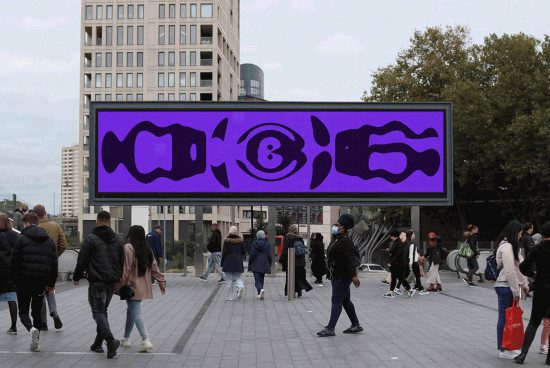 Urban billboard mockup with vibrant purple graphic design, displayed in a busy street scene with diverse pedestrians for realistic presentation.