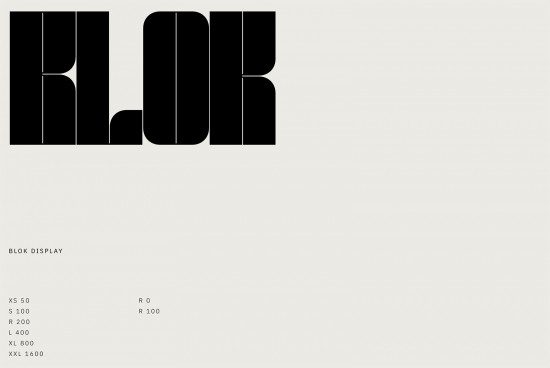 Bold minimalist font design mockup titled BLOK DISPLAY, showcasing scalable type sizes for creative projects.