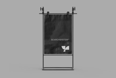 Minimalist banner stand mockup in grayscale, ideal for modern branding presentations and graphic design projects.