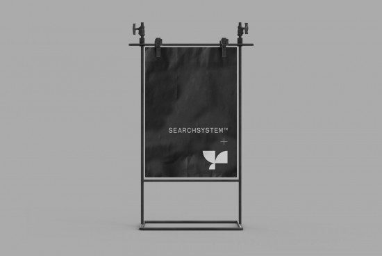 Minimalist banner stand mockup in grayscale, ideal for modern branding presentations and graphic design projects.